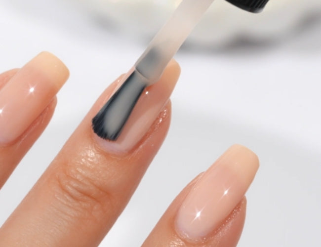 Auf alle Nagel wird ein Hautfarbener Nagellack aufgetragen
