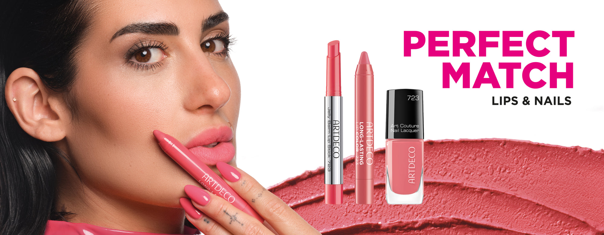 Kollektionsbild der neuen Perfect Match-Kollektion von ARTDECO bestehend aus perfekt aufeinander abgestimmten Lippenstiften und Nagellacken