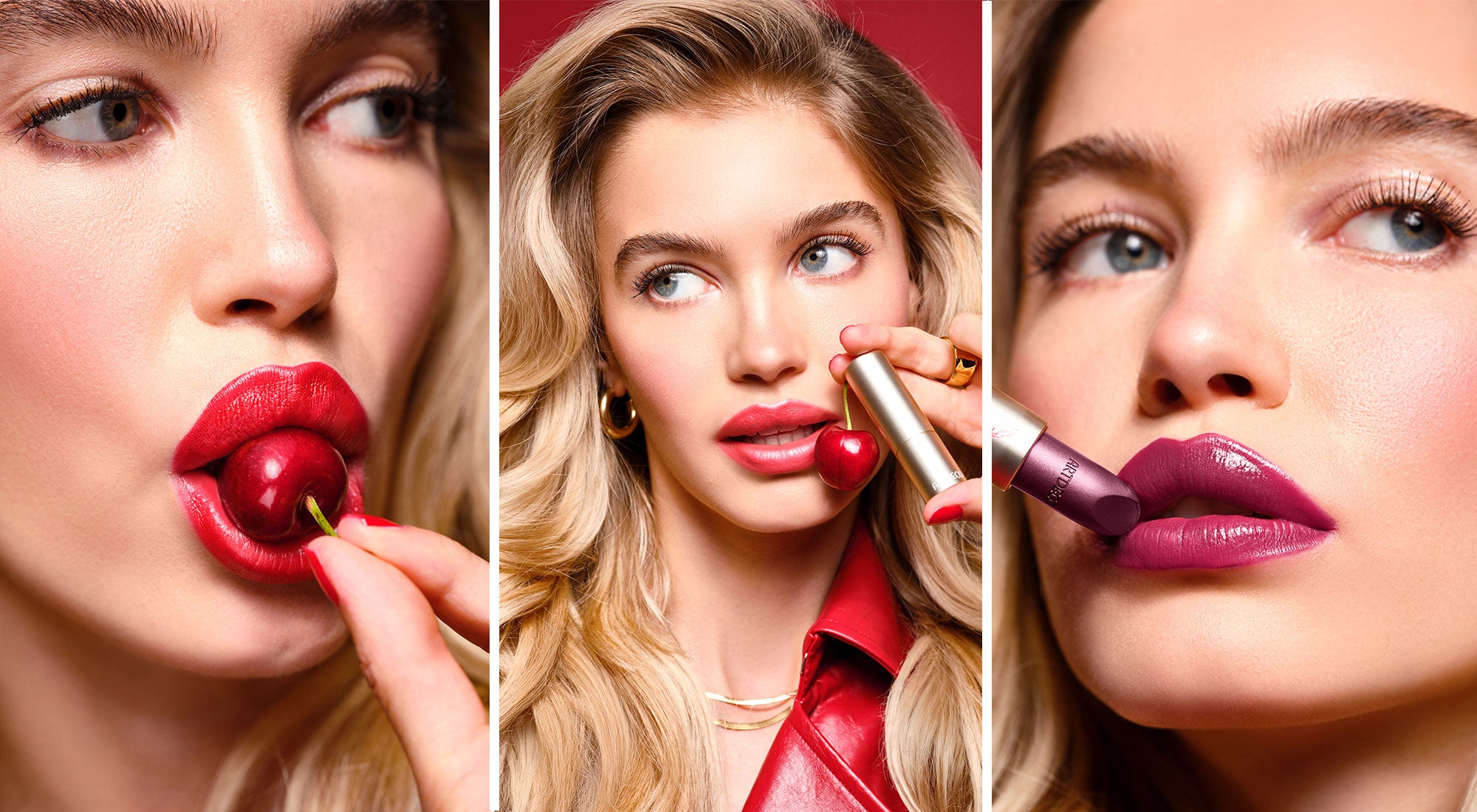 Die Desktop-Collage zeigt eine junge Frau mit blonden Haaren und natürlichem Make-up in drei Spalten, in denen jeweils einer der neuen Perfect Color Lipsticks in Anwendung gezeigt wird.