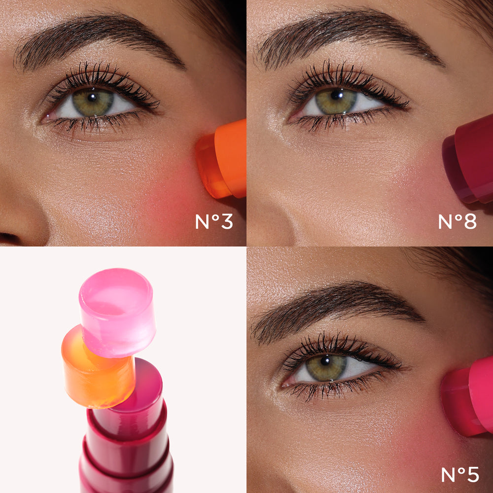 Anwendungsbilder des imitierten Gel.ly Blush mit den jeweiligen Farbnummern und einem Produktbild