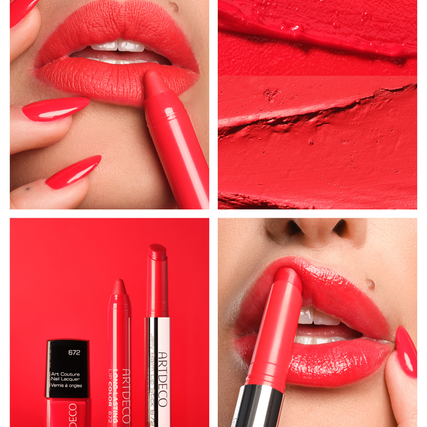 Collage aus Anwendungs- und Produktbildern der N°672, um einen perfekt aufeinander abgestimmten Look aus Lippenstift und Nagellack zu präsentieren