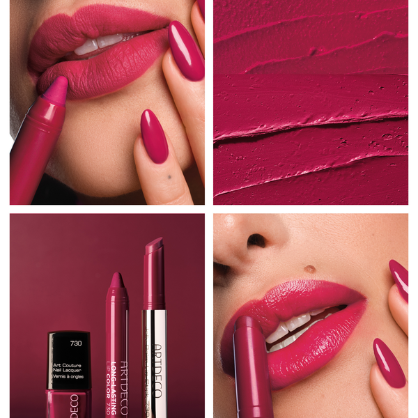 Collage aus Anwendungs- und Produktbildern der N°730, um einen perfekt aufeinander abgestimmten Look aus Lippenstift und Nagellack zu präsentieren