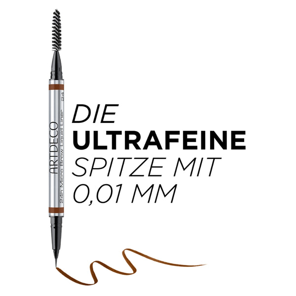 Der 24h Micro Brow Liquid Liner wird gezeigt. Auf dem Bild steht eine der wichtigsten Eigenschaften des Stiftes: Er hat eine ultrafeine Spitze mit 0,01 mm Durchmesser.