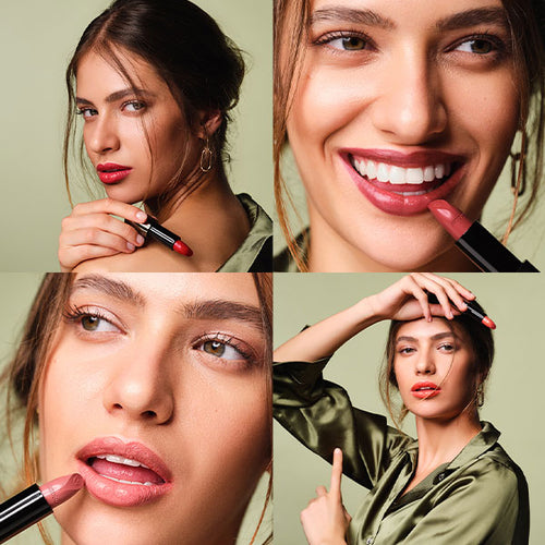 Kollage aus vier Bilder, in welchen das Model lächelt und mit dem Lippenstift posiert