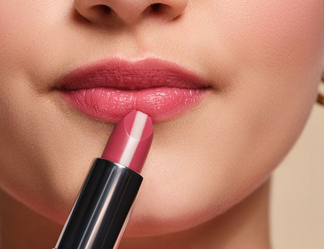 Es wird ein dezenter Lippenstift auf die Lippen aufgetragen