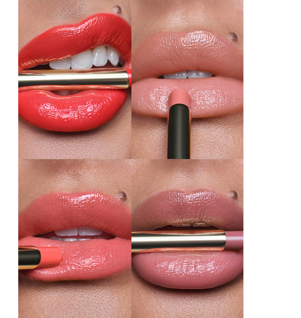 In einer Viererkollage werden die Lip Shine Stylos alle in Anwendung gezeigt. Oben sind die Farben N°10 spirit of love und N°50 day out, während in der unteren Reihe die Farben N°30 radiant coral und N°70 souvenir gezeigt werden.