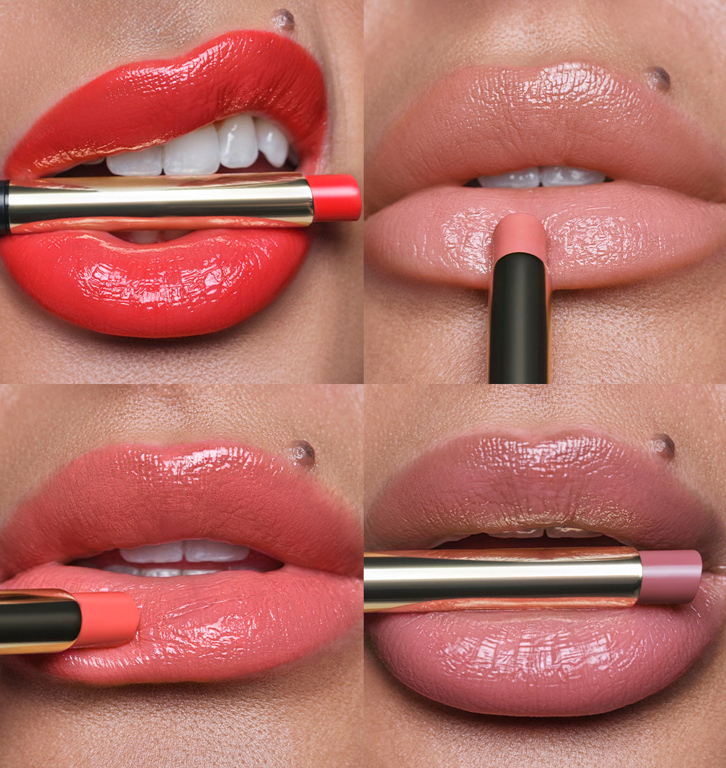 In einer Viererkollage werden die Lip Shine Stylos alle in Anwendung gezeigt. Oben sind die Farben N°10 spirit of love und N°50 day out, während in der unteren Reihe die Farben N°30 radiant coral und N°70 souvenir gezeigt werden.