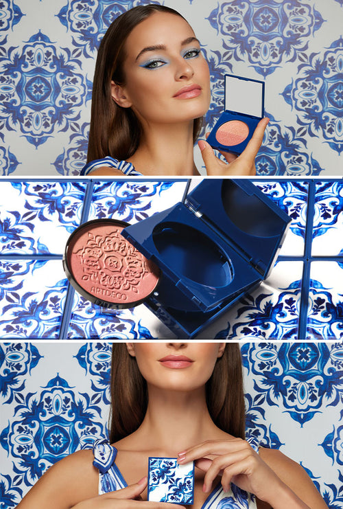 Collage aus verschiedenen Anwendungsbildern, welche jeweils ein brünettes Model zeigen die den Blush Couture einmal geöffnet und einmal geschlossen präsentiert. Zusätzlich wird der Blush auf einem Fliesen-Hintergrund gezeigt und die Nachfüllmöglichkeit verdeutlicht.