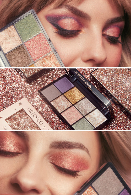 Limitierte Eyes Eyes Baby Palette wird auf einem glitzernden Hintergrund präsentiert, zusammen aus einer Collage mit kreativen Augen-Make-up-Looks.