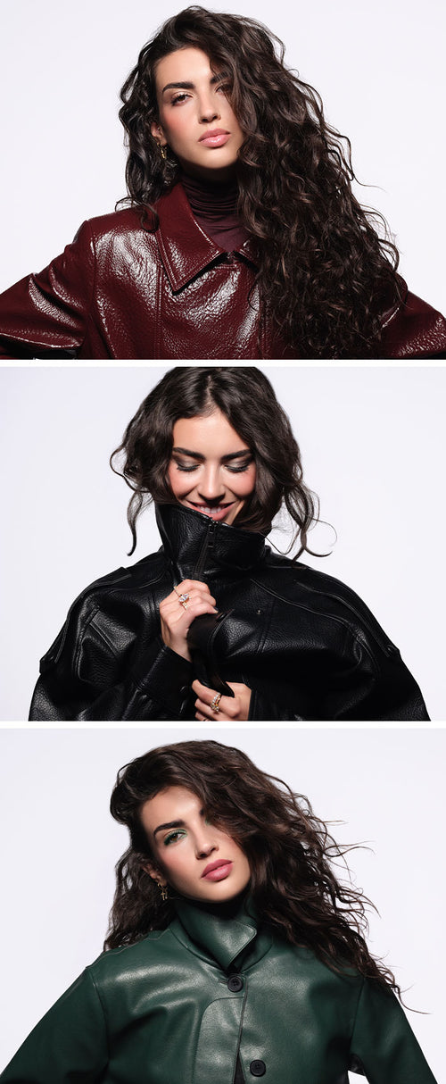 Collage aus drei Anwendungsbildern, in welchem das Model jeweils eine rote, grüne und schwarze Jacke trägt, mit dazu abgestimmtem Make-up.