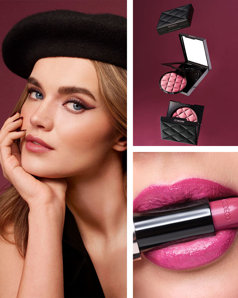 Mobile-Kollektionsbild der neuen ARTDECO Forever Chic-Kollektion zusammen mit dem Highlight-Produkt Blush Couture und Couture Lipstick