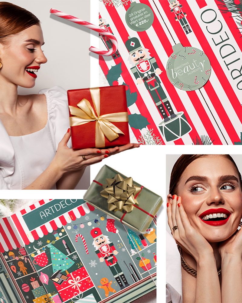 Collage aus verschiedenenen weihnachtlichen Bilder in welchen ein Rothaariges Model  
ein Geschenk in der Hand hält und dabei lächelt