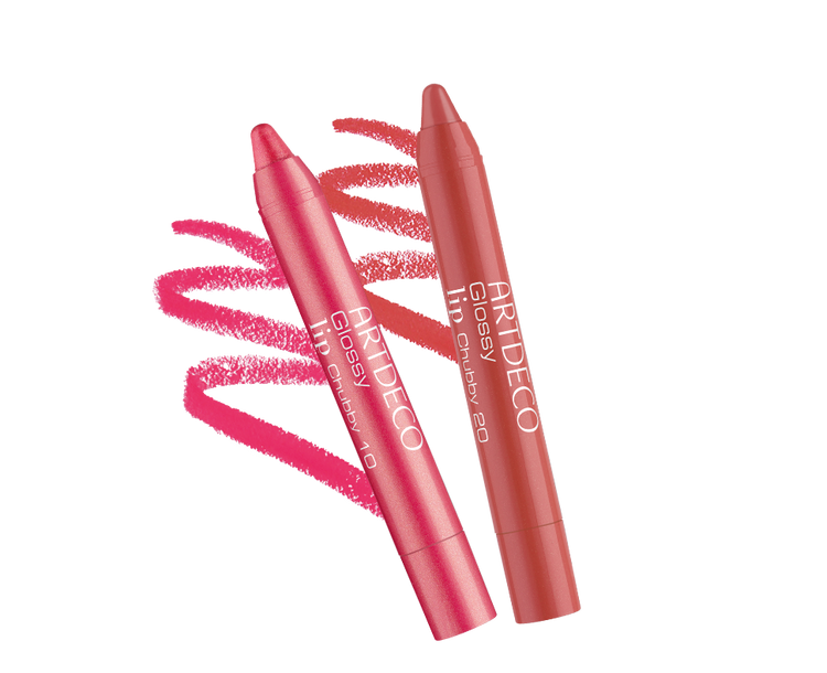 Produktbild des Glossy Lip Chubby in „malibu kiss“ und „celebrity“ mit jeweiliger Textur im Hintergrund