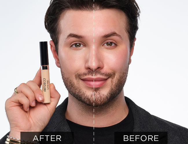 Vorher/Nachher Effekt des Long-Wear Concealers unter dem Auge.