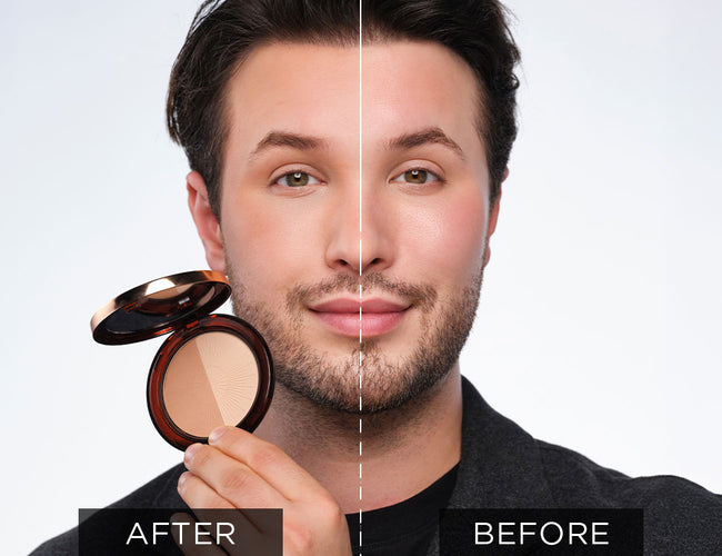 Bilder vor und nach dem Auftrag des Bronzing Powder Compact. 