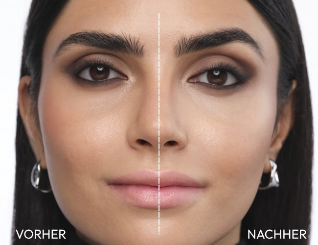 Vorher Nachher Effekt des aufgetragenen Concealers unter dem Auge.