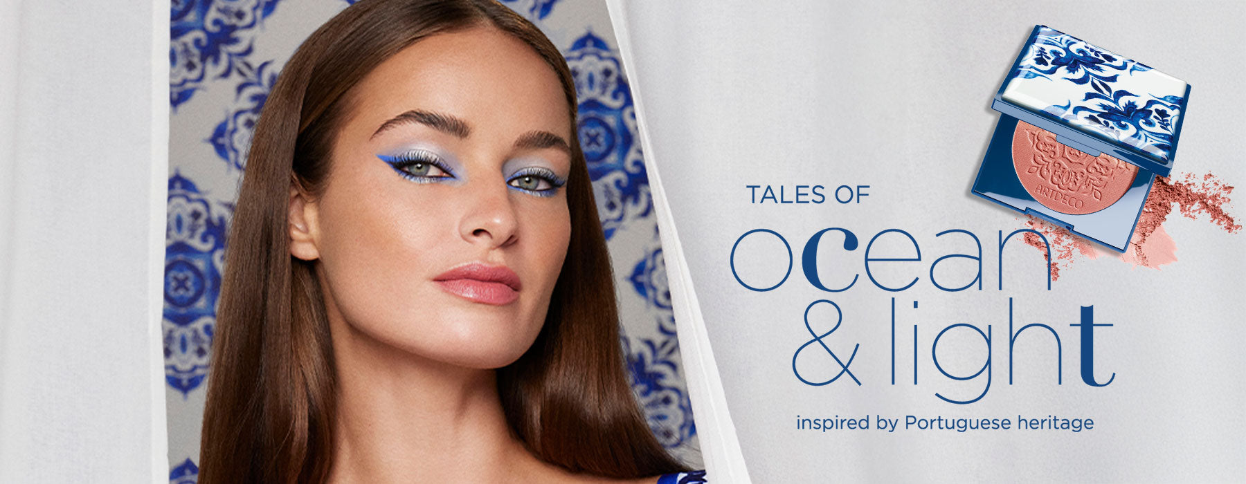 Desktop-Kollektionsbild der neuen ARTDECO Tales of Ocean & Light-Kollektion zusammen mit dem Highlight-Produkt Blush Couture im stylischen Fliesendesign