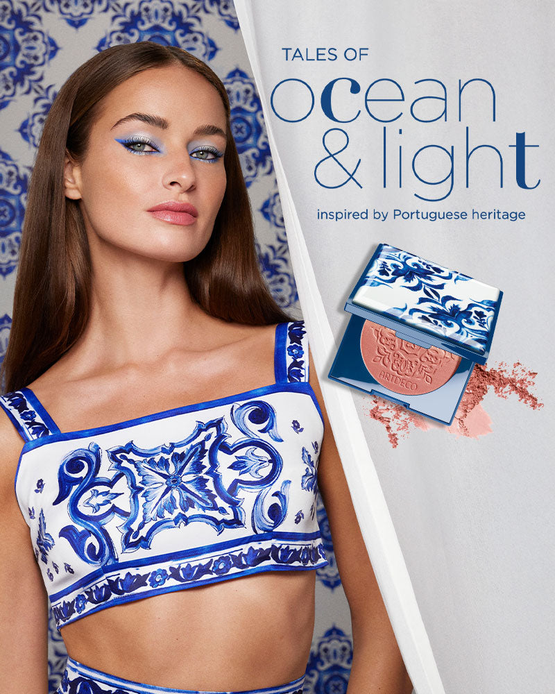 Mobile-Kollektionsbild der neuen ARTDECO Tales of Ocean & Light- Kollektion zusammen mit dem Highlight-Produkt Blush Couture im stylischen Fliesendesign