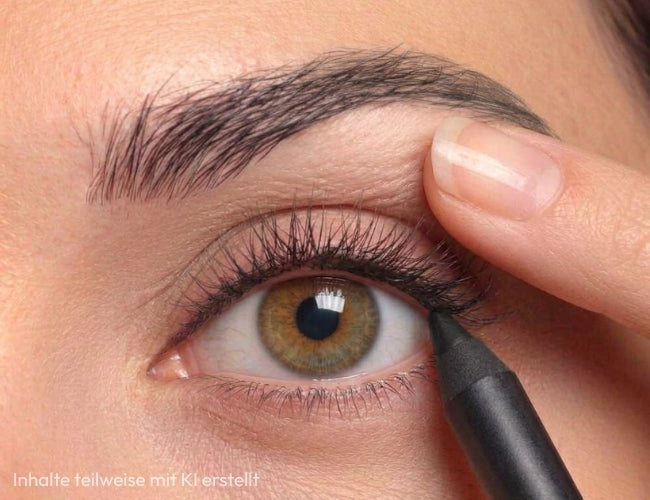 Augenlid wird mit einem Finger hochgezogen, um mit dem Kajal besser an den Wimpernkranz zu kommen.