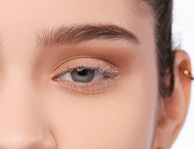 Eine weiße Mascara Base wird auf die Wimpern aufgetragen, um eine gezielte Volumensteigerung zu erreichen.